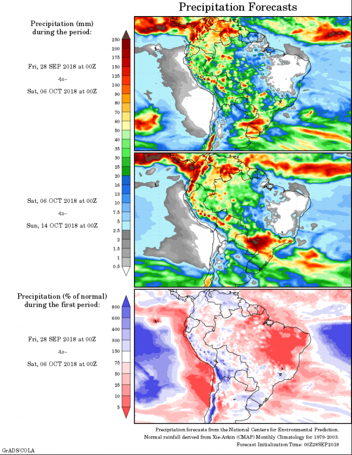 Mapa com a precipitação acumulada para o período de 27 de setembro até 13 de outubro - Fonte: National Centers for Environmental Prediction/NOAA