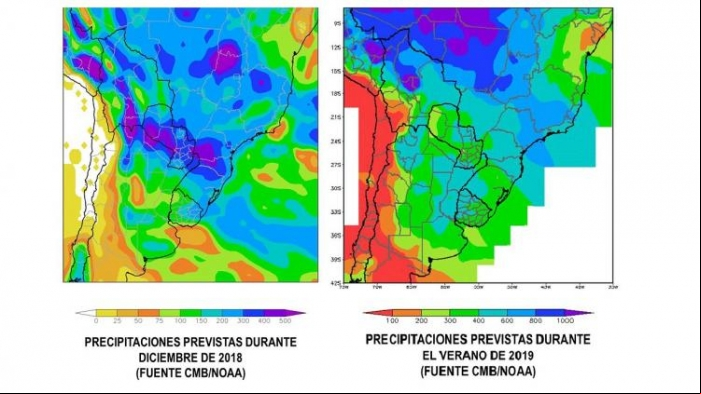 Mapa de chuvas elaborado pela Bolsa de Cereais de Buenos Aires