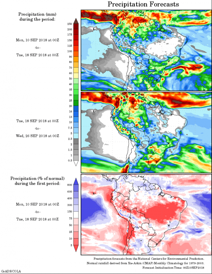 Mapa com a precipitação acumulada para o período de 10 de agosto até 26 de setembro - Fonte: National Centers for Environmental Prediction/NOAA