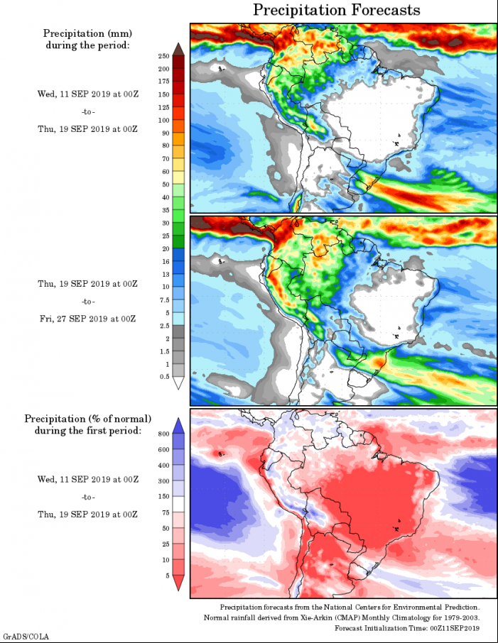 Mapa com a tendência de precipitação acumulada para o período de 11 até 19 de setembro - Fonte: National Centers for Environmental Prediction/NOAA