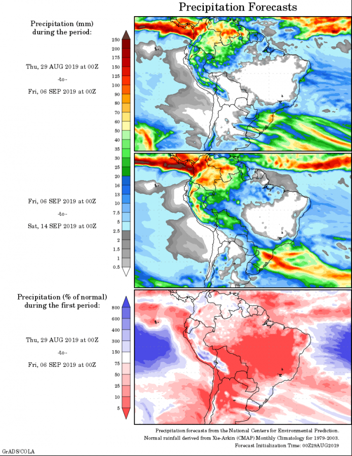 Mapa com a tendência de precipitação acumulada para o período de 29 de agosto até 14 de setembro - Fonte: National Centers for Environmental Prediction/NOAA
