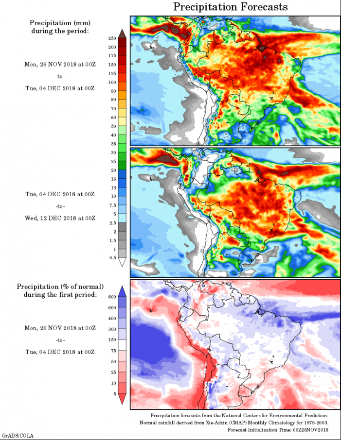 Mapa com a precipitação acumulada para o período de 26 de novembro até 12 de dezembro - Fonte: National Centers for Environmental Prediction/NOAA