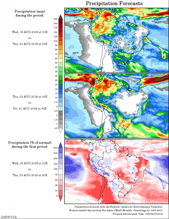 Mapa com a precipitação acumulada para o período de 15 de agosto até 31 de agosto - Fonte: National Centers for Environmental Prediction/NOAA