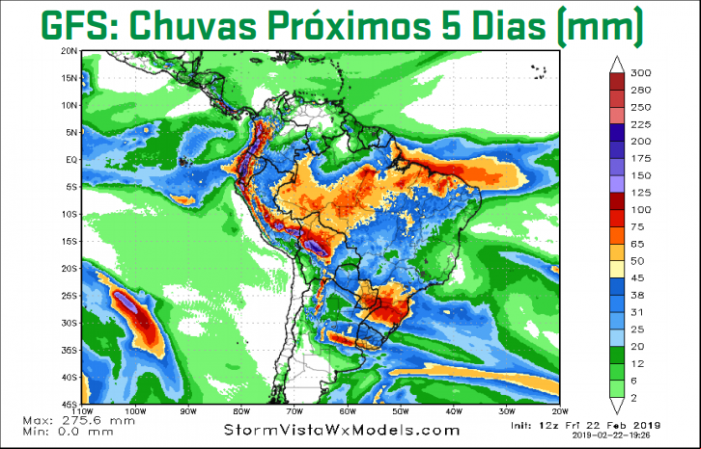 Mapa com a previsão de chuvas acumuladas nos próximos 5 dias no Brasil - Fonte: ARC Mercosul (AgResource)