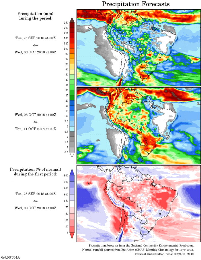 Mapa com a precipitação acumulada para o período de 25 de setembro até 11 de outubro - Fonte: National Centers for Environmental Prediction/NOAA