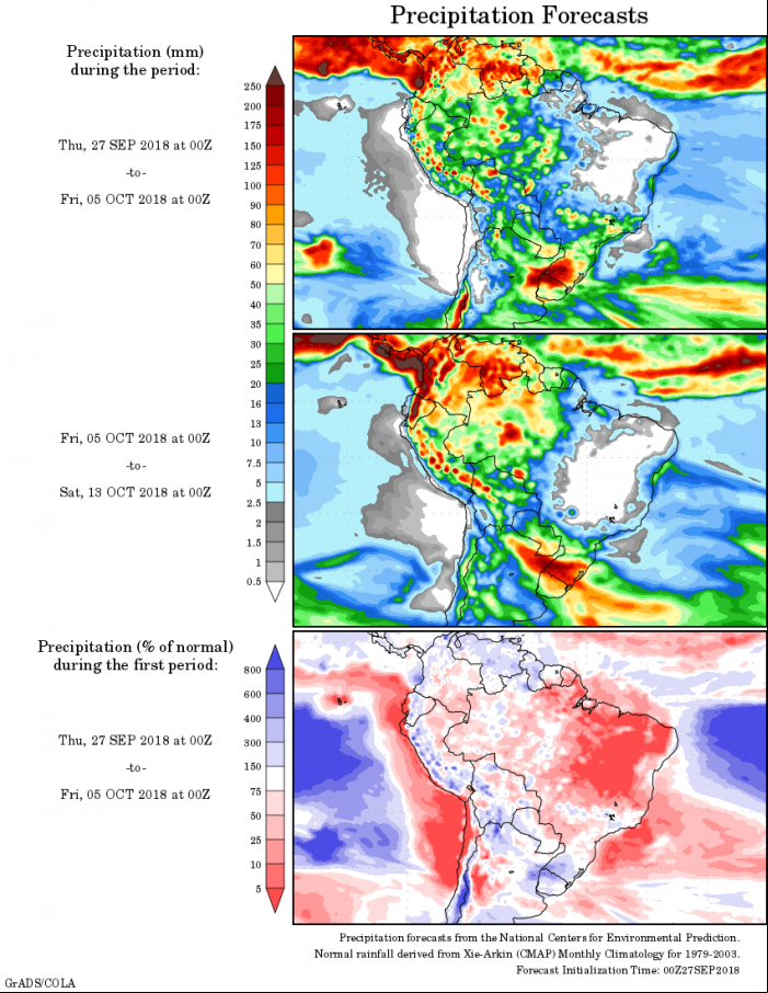 Mapa com a precipitação acumulada para o período de 27 de setembro até 13 de outubro - Fonte: National Centers for Environmental Prediction/NOAA