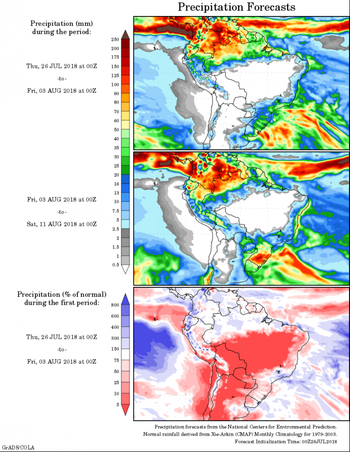 Mapa com a precipitação acumulada para o período de 26 de julho até 11 de agosto - Fonte: National Centers for Environmental Prediction/NOAA