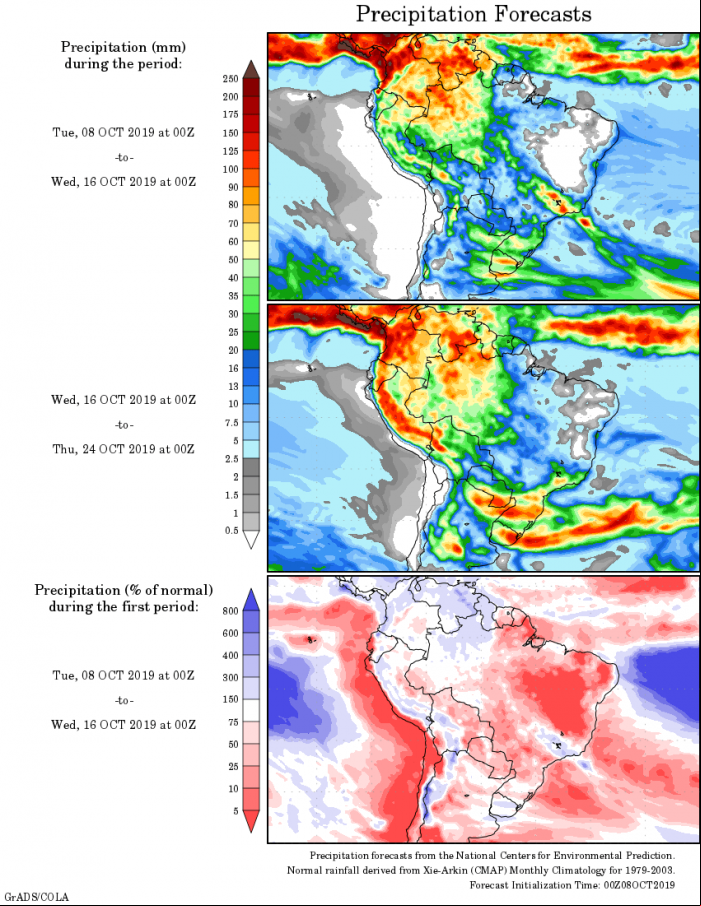 Mapa com a tendência de precipitação acumulada para o período de 08 de outubro até 24 de outubro - Fonte: National Centers for Environmental Prediction/NOAA