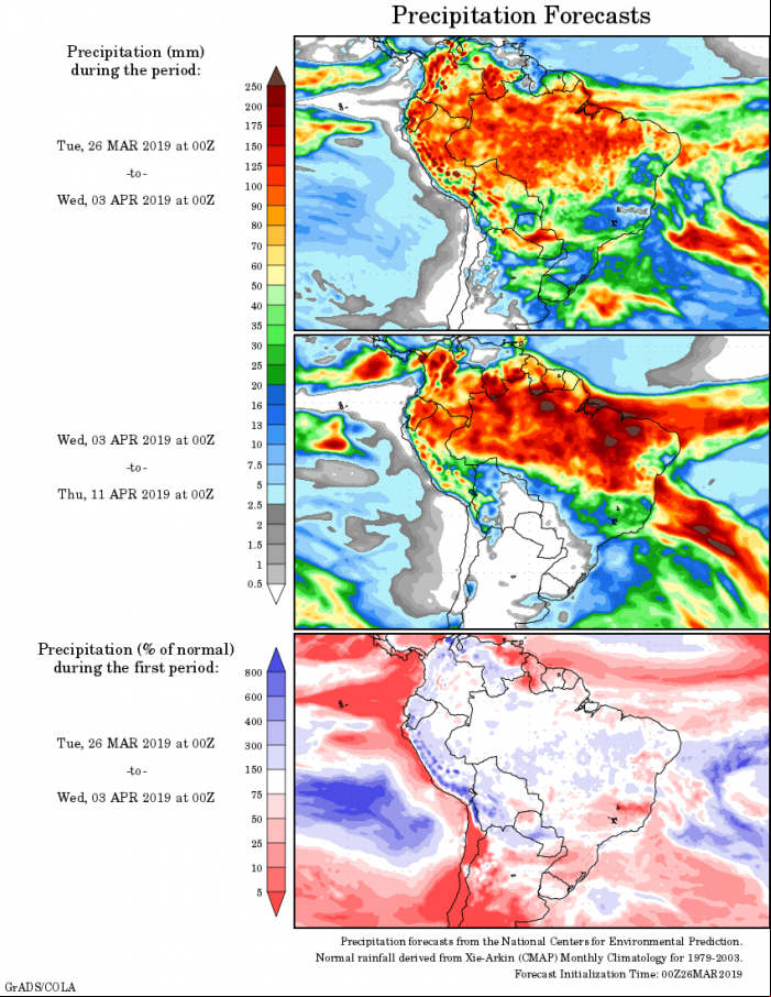 Mapa com a tendência de precipitação acumulada para o período de 26 de março até 11 de abril - Fonte: National Centers for Environmental Prediction/NOAA
