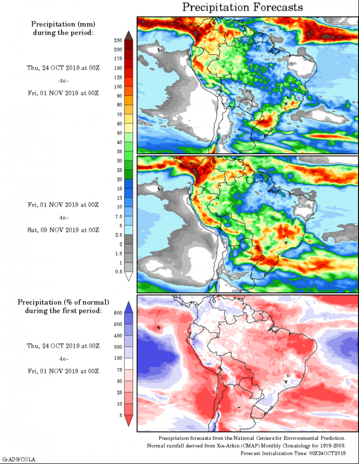 Mapa com a tendência de precipitação acumulada para o período de 24 de outubro até 09 de novembro - Fonte: National Centers for Environmental Prediction/NOAA