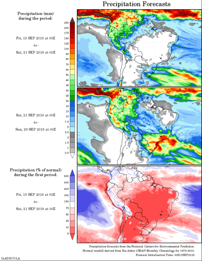 Mapa com a tendência de precipitação acumulada para o período de 13até 29 de setembro - Fonte: National Centers for Environmental Prediction/NOAA
