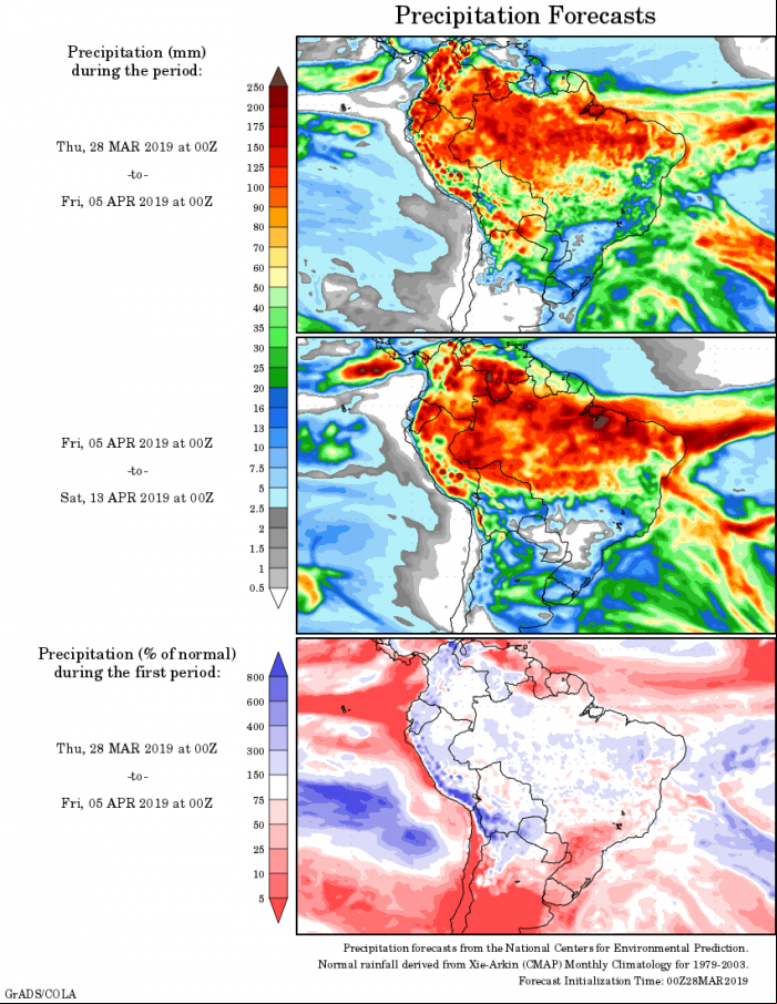Mapa com a tendência de precipitação acumulada para o período de 28 de março até 13 de abril - Fonte: National Centers for Environmental Prediction/NOAA