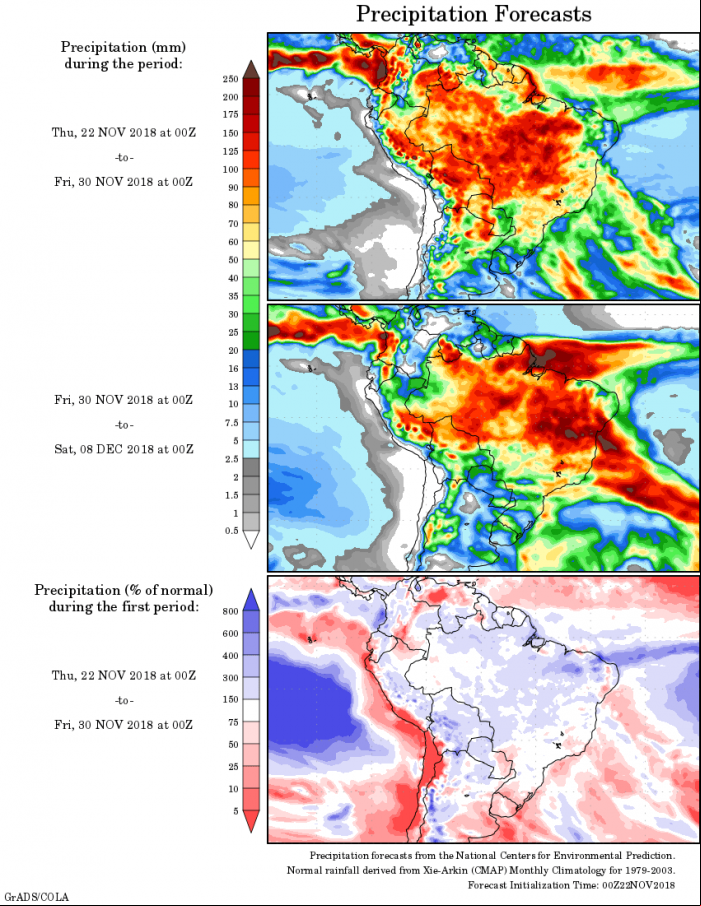 Mapa com a precipitação acumulada para o período de 22 de novembro até 08 de dezembro - Fonte: National Centers for Environmental Prediction/NOAA