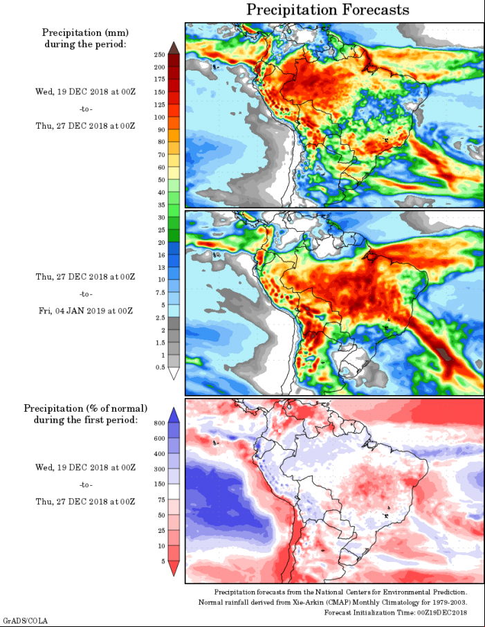 Mapa com a tendência de precipitação acumulada para o período de 19 de dezembro até 04 de janeiro - Fonte: National Centers for Environmental Prediction/NOAA