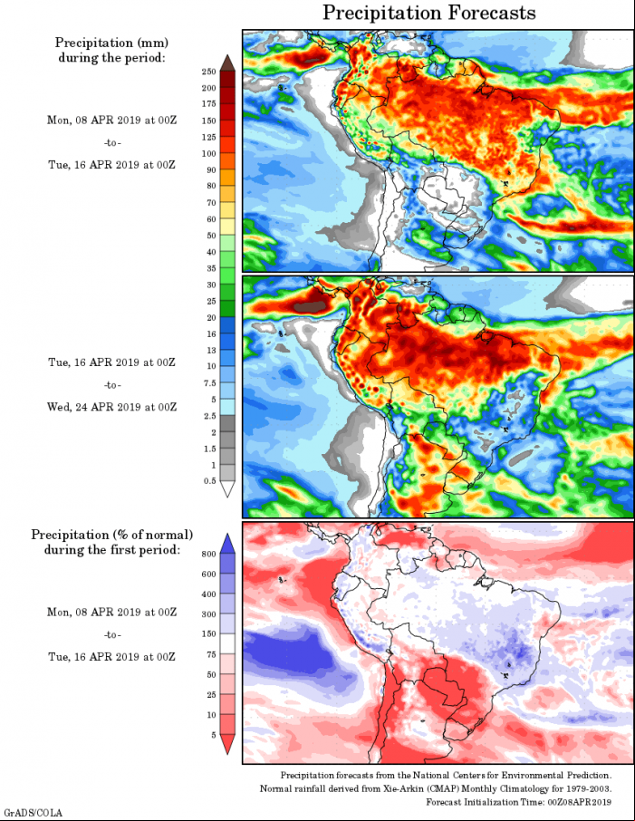 Mapa com a tendência de precipitação acumulada para o período de 08 de abril até 24 de abril - Fonte: National Centers for Environmental Prediction/NOAA