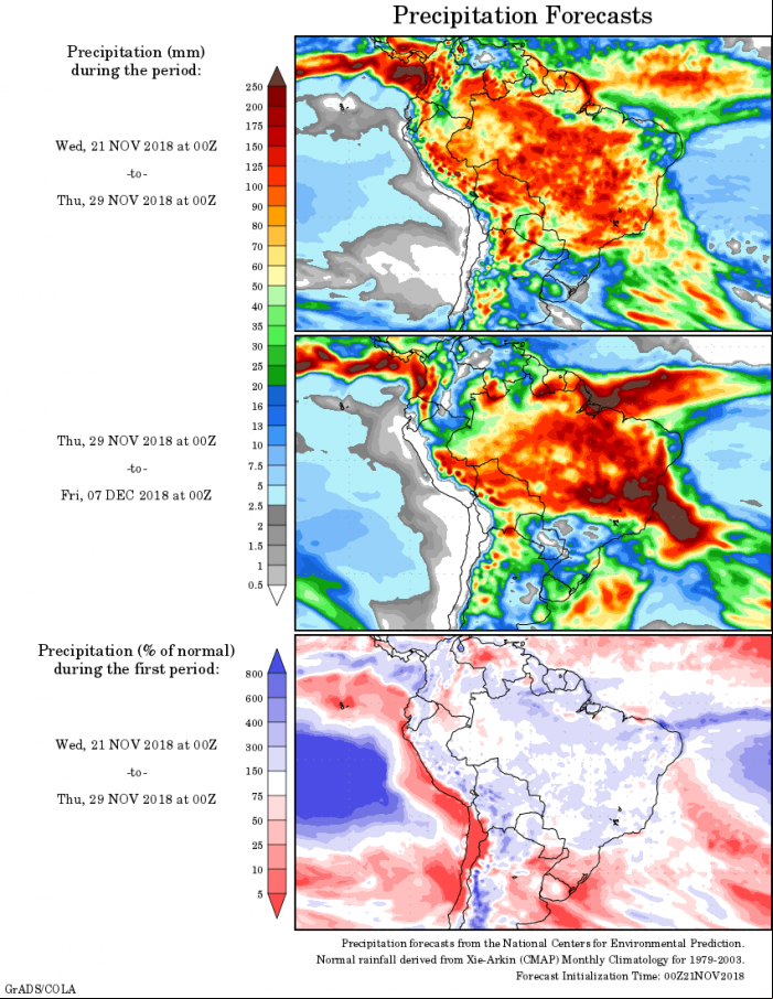 Mapa com a precipitação acumulada para o período de 21 de novembro até 07 de dezembro - Fonte: National Centers for Environmental Prediction/NOAA