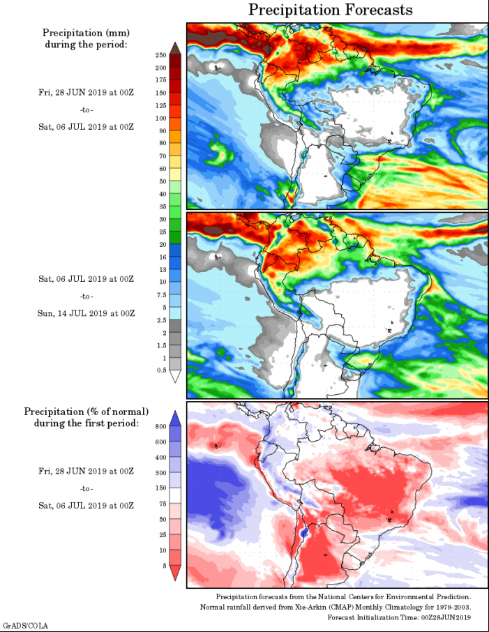 Mapa com a tendência de precipitação acumulada para o período de 28 até 14 de julho - Fonte: National Centers for Environmental Prediction/NOAA